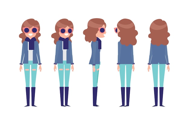 Chica Mujer parte delantera vista trasera carácter vectorial plano para animación Partes del cuerpo separadas