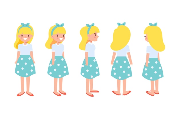 Chica Mujer parte delantera vista trasera carácter vectorial plano para animación Partes del cuerpo separadas