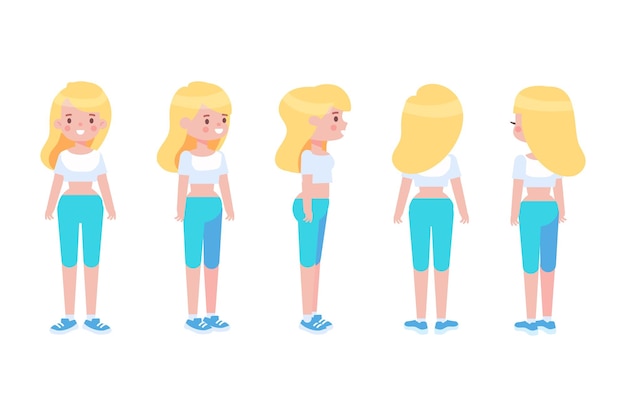 Chica Mujer parte delantera vista trasera carácter vectorial plano para animación Partes del cuerpo separadas