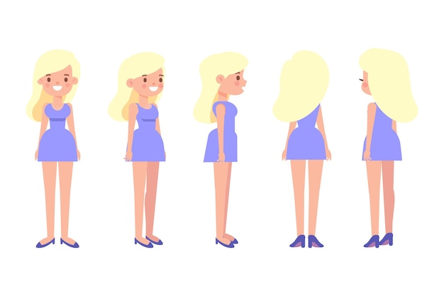 Chica Mujer parte delantera vista trasera carácter vectorial plano para animación Partes del cuerpo separadas