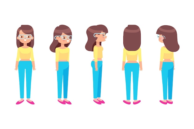 Chica Mujer parte delantera vista trasera carácter vectorial plano para animación Partes del cuerpo separadas