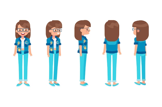 Chica Mujer parte delantera vista trasera carácter vectorial plano para animación Partes del cuerpo separadas