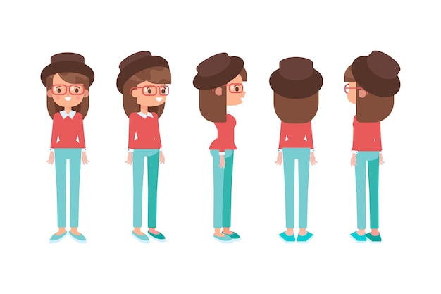 Chica Mujer parte delantera vista trasera carácter vectorial plano para animación Partes del cuerpo separadas