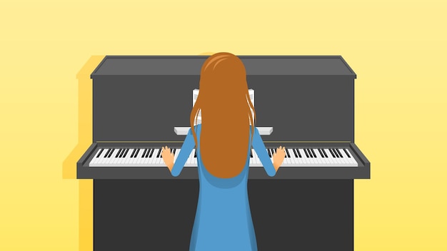 Chica de mujer plana abstracta toca el diseño de vector de ilustración de concepto de personaje de dibujos animados de piano