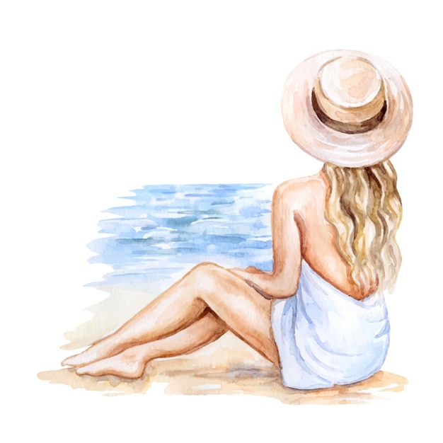 Vector chica mujer rubia con un sombrero de verano en la playa en un sombreiro vacaciones de arena del mar relajarse acuarela