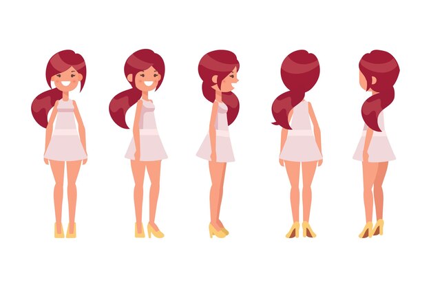 Chica mujer en vestido parte delantera vista trasera carácter vectorial plano para animación partes del cuerpo separadas