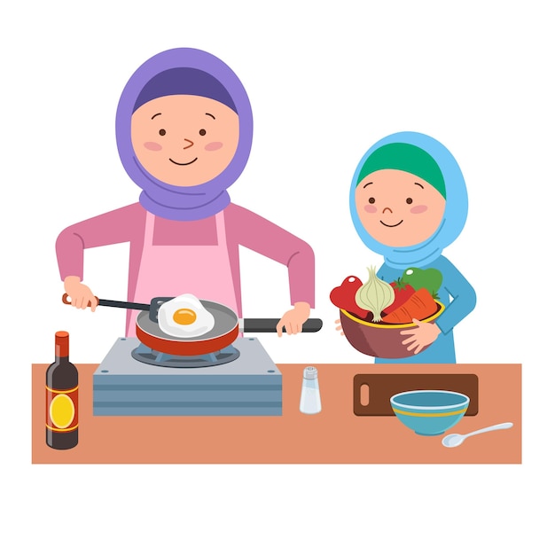 una chica musulmana ayuda a su madre a cocinar en la cocina