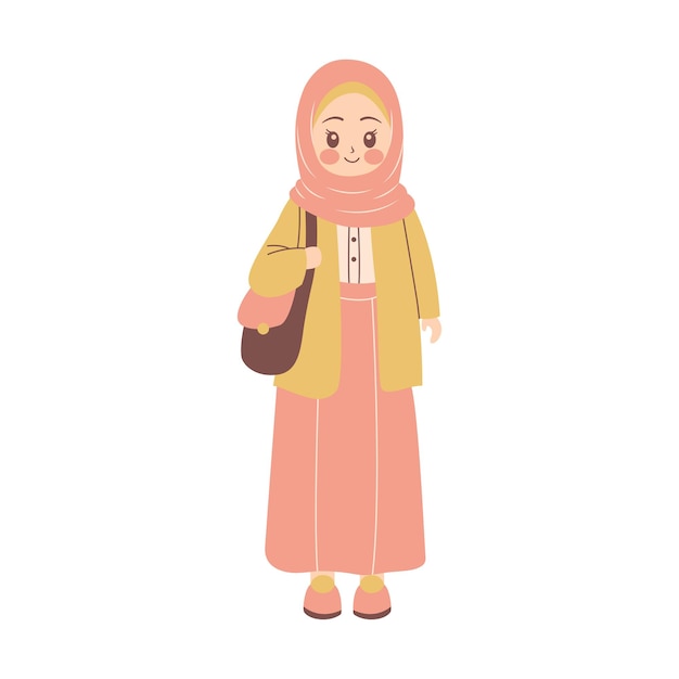 Chica musulmana bonita personaje de dibujos animados con hijab y traje de moda mientras sonríe