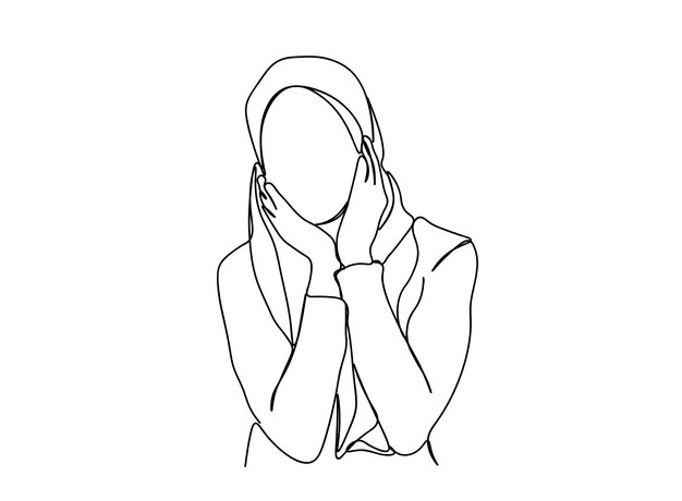 Chica musulmana, dibujo de arte de una sola línea de mujer continúa ilustración de vector de línea