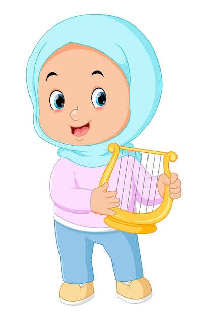 Una chica musulmana está feliz tocando el arpa musical.