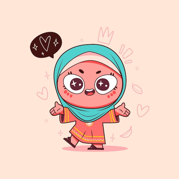 Chica musulmana con un hijab azul y corazones