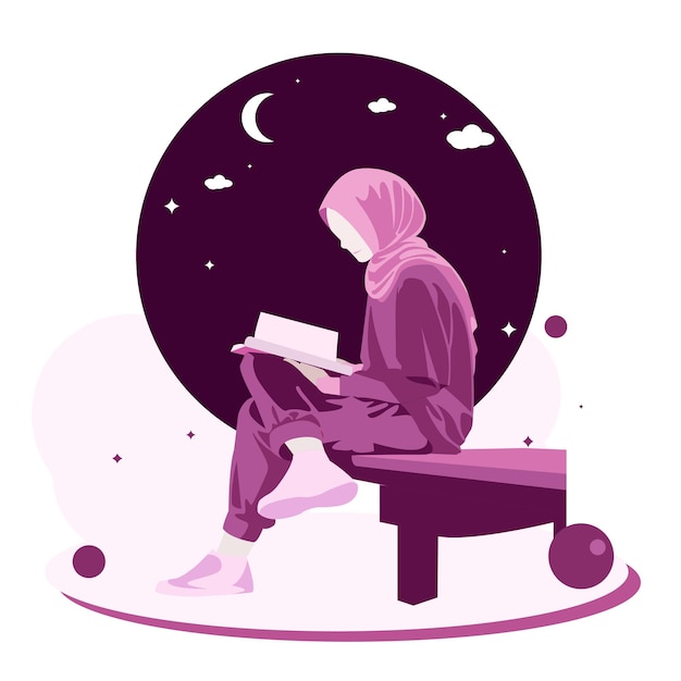 Chica musulmana con hijab GenZ linda leyendo mientras está sentada afuera relajándose vector illsutration