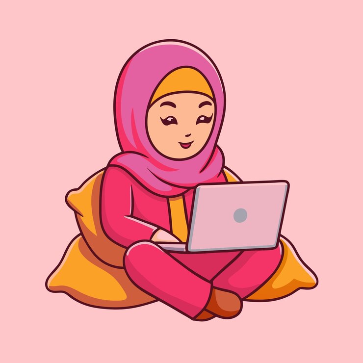 Chica musulmana con hijab usando una computadora portátil y sentada en el sofá Ilustración vectorial estilo dibujos animados