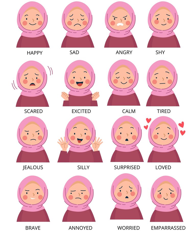 Vector una chica musulmana en un hijab con varias formas de emociones gestos y expresiones faciales