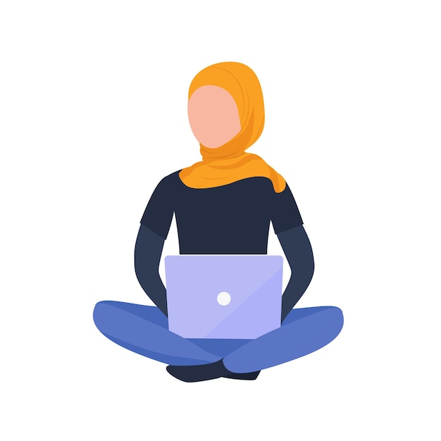 Vector chica musulmana con hiyab trabajando con una laptop sentada en el suelo