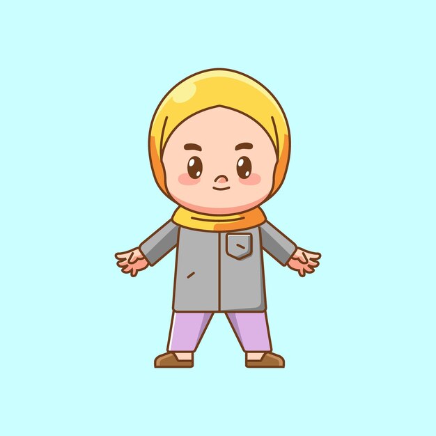 Chica musulmana linda y feliz kawaii chibi personaje mascota ilustración diseño de estilo de contorno