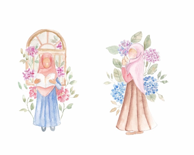 Una chica musulmana linda Ilustración en acuarela