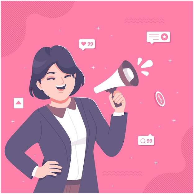 chica de negocios con ilustración de megáfono