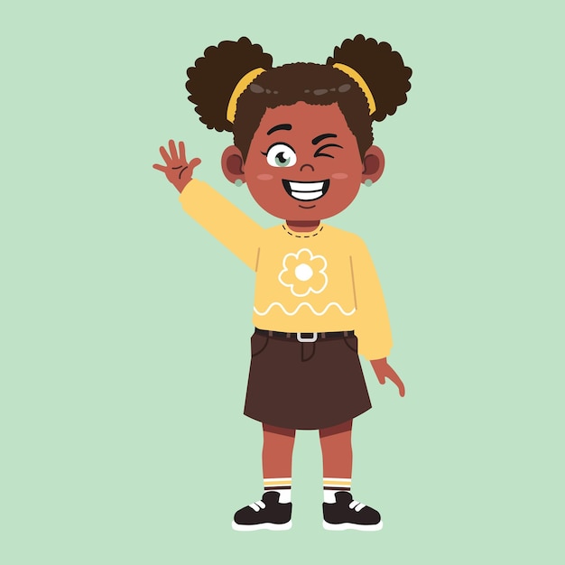 Chica negra africana con cabello afro de dibujos animados agita la mano y dice hola
