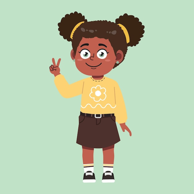 Chica negra africana con cabello afro de dibujos animados contando con la mano dos
