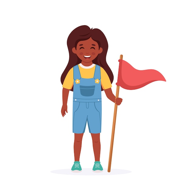 Chica negra con bandera camping campamento de verano para niños