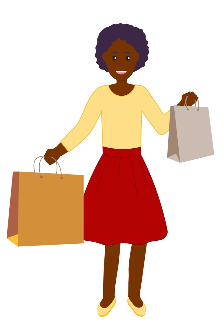 Vector chica negra después de la venta sosteniendo bolsas de compras con compras en las manos