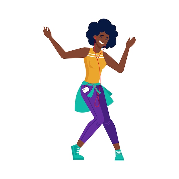 Vector chica negra escucha música y baila joven afroamericana en auriculares y teléfono móvil