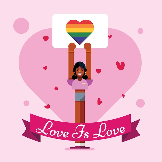 Chica negra gay lgbt sosteniendo el mes del orgullo amor es cartel de amor con diseño de cartel de ilustración de vector de corazones de arco iris