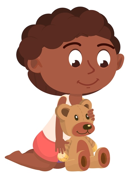 Chica negra jugando con oso de peluche personaje de niño de dibujos animados