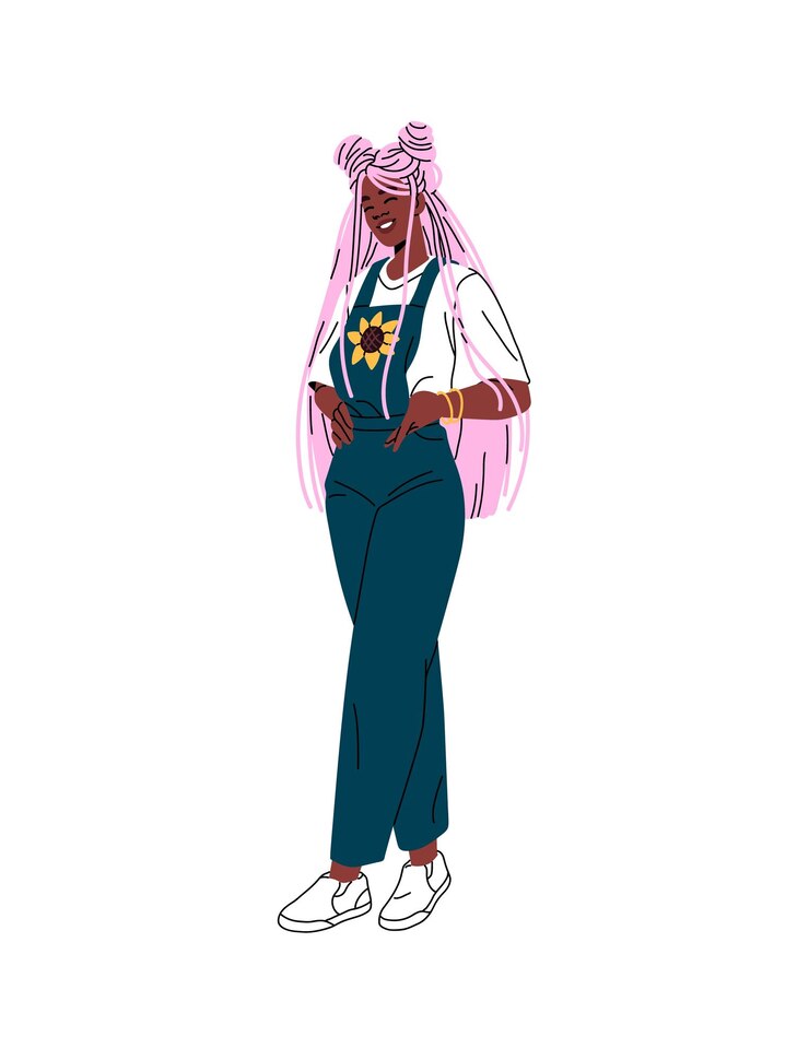 Vector una chica negra linda con trenzas rosas lleva ropa de moda una joven afroamericana feliz en un mono de moda sonríe un adolescente elegante se está riendo una ilustración vectorial aislada plana en blanco