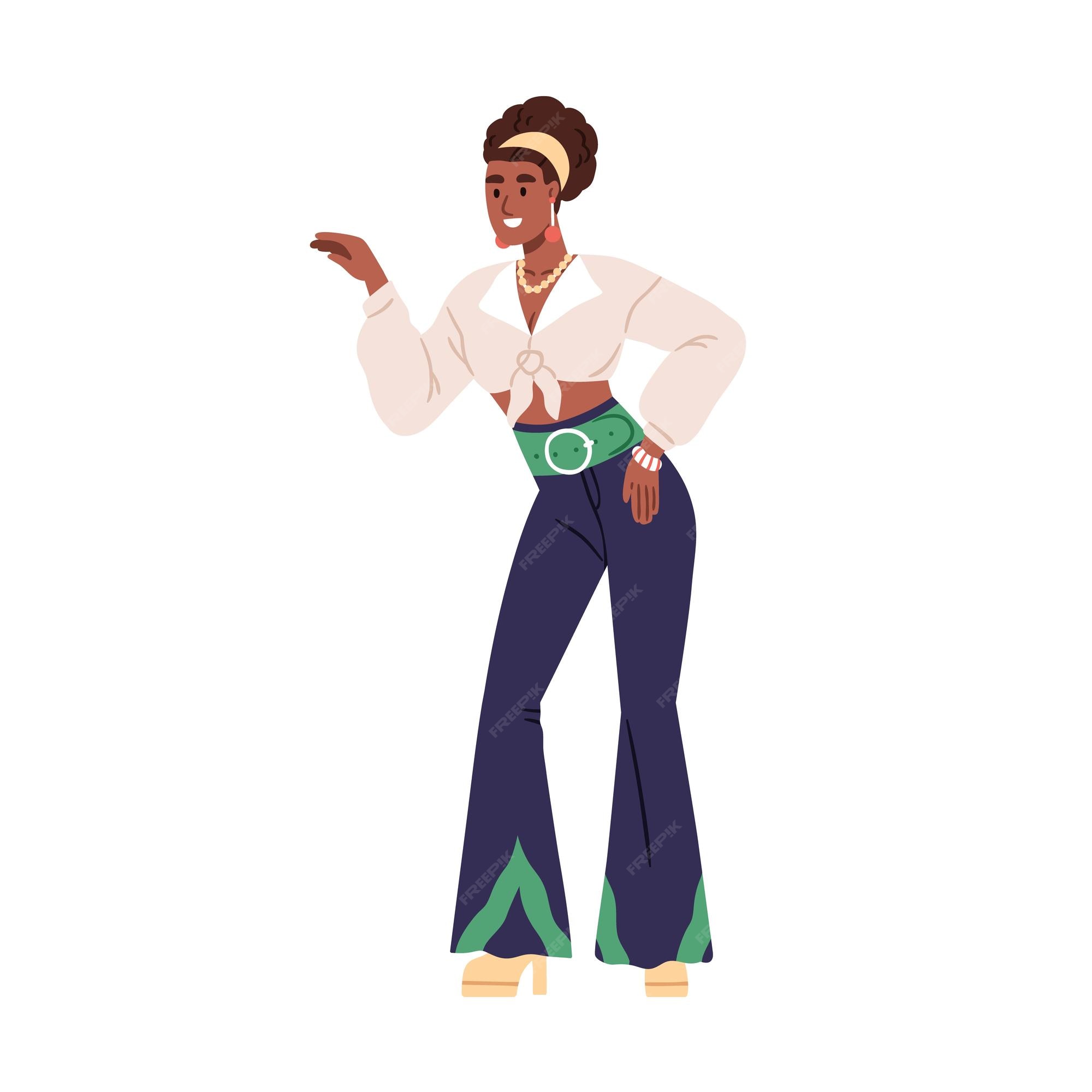 Chica negra de moda con ropa de estilo retro, ropa de los años 80. mujer afroamericana ropa de años 80, accesorios para la disco de los años 80. ilustración