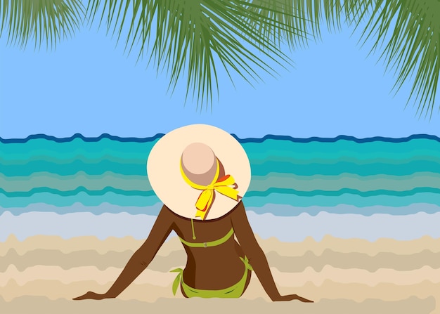 Chica negra en la playa con sombrero y traje de baño verdex9
