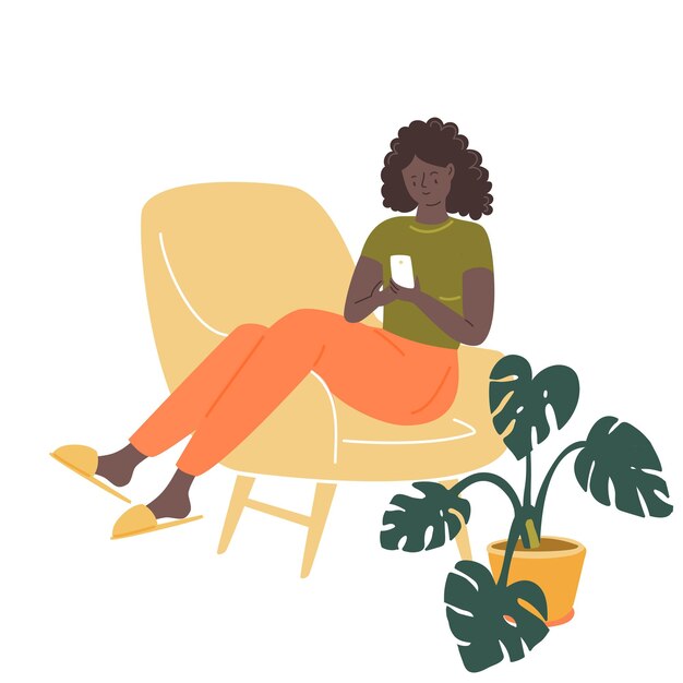 Chica negra sentada en una silla cómoda con un teléfono inteligente Ilustración de habitación acogedora con monstera en maceta