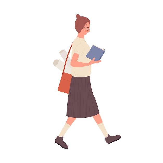 Chica nerd caminando sosteniendo un libro