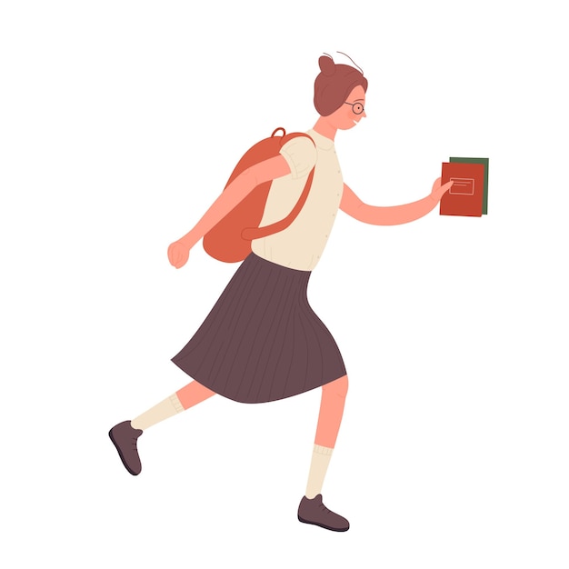 Chica nerd corriendo con libros