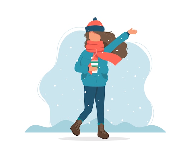 Vector chica con nieve en invierno con taza de café.