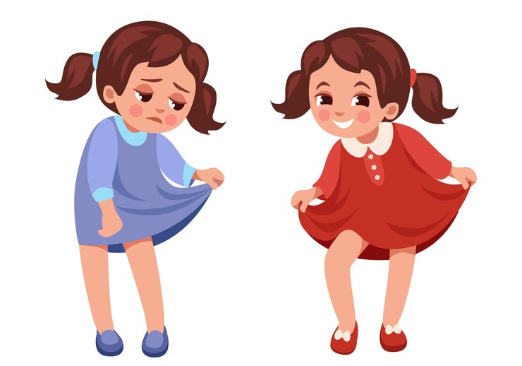 Vector a la chica no le gusta el vestido, está molesta, le gusta el nuevo, está feliz.