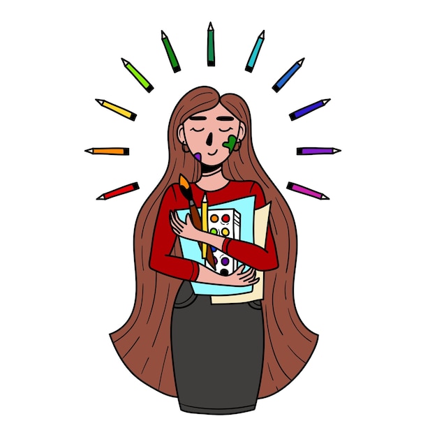 Vector chica se para con objetos para dibujar y un halo de lápices alrededor de su cabeza ilustración vectorial de un profesor de arte para el diseño de postales