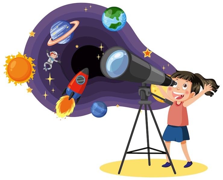 Vector chica observando planetas con telescopio