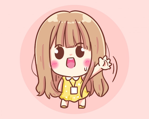 Chica de oficina saludando con la mano, dándole la bienvenida y saludando ilustración de arte de dibujos animados Vector Premium