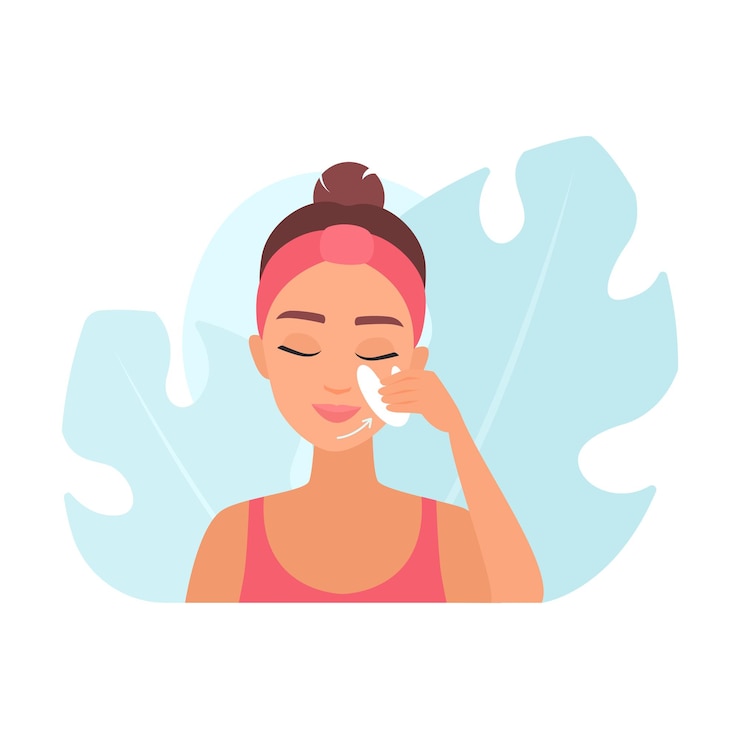 Vector chica con los ojos cerrados masajeando la barbilla de acuerdo con las instrucciones sosteniendo gua sha en la mano