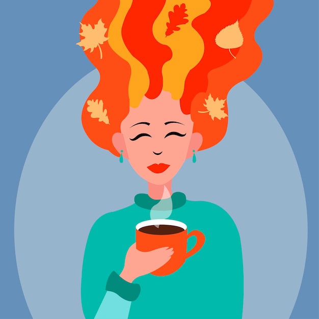 Vector chica de otoño. chica con hojas de pelo rojo y con una taza de té caliente en las manos. ambiente acogedor.