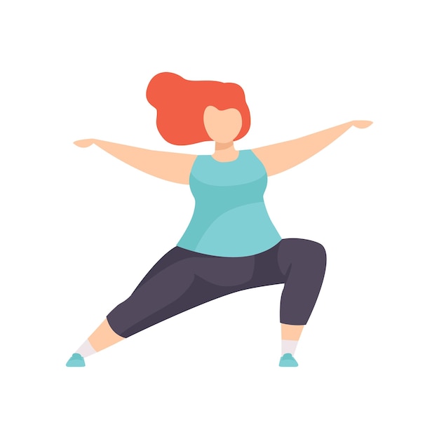 Chica parada en posición de yoga héroe obesidad mujer vestida con uniforme deportivo haciendo ejercicio físico programa de pérdida de peso concepto vector ilustración aislada en un fondo blanco