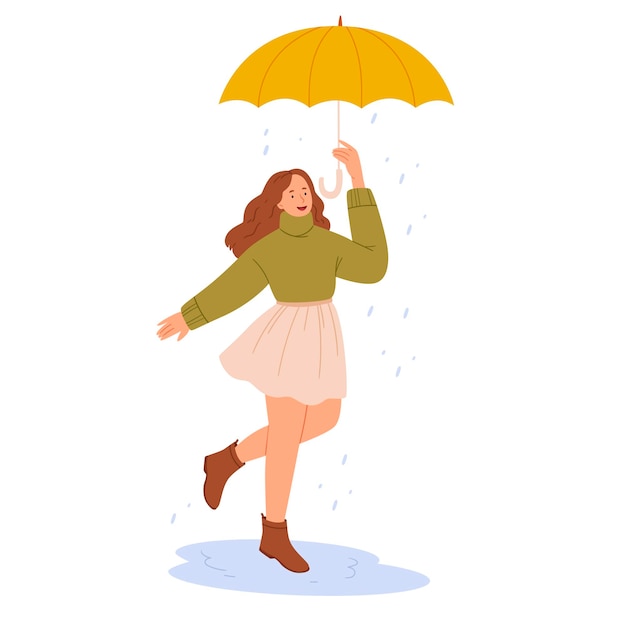 Vector una chica con un paraguas amarillo camina en la lluvia linda ilustración de otoño