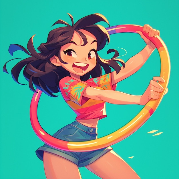 Vector una chica parisina hace girar un hula hoop al estilo de los dibujos animados