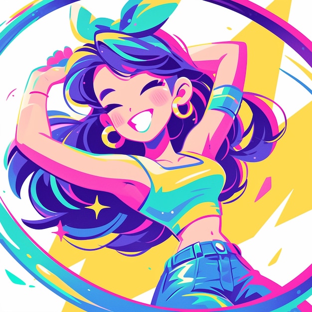 Vector una chica parisina hace girar un hula hoop al estilo de los dibujos animados