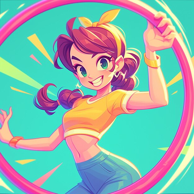 Vector una chica parisina hace girar un hula hoop al estilo de los dibujos animados