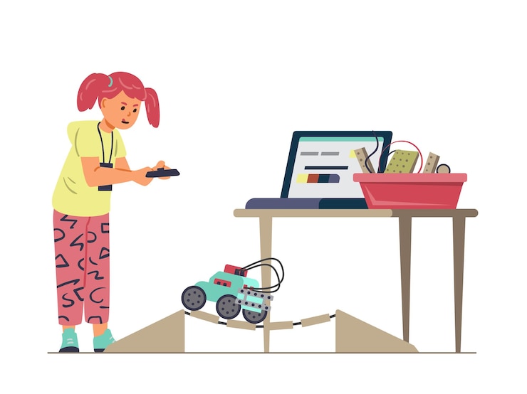 Vector chica participando en la competencia de robótica robótica para niños