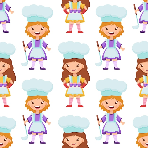 Chica de patrones sin fisuras Chef con cacerola de cucharón y linda niña chef sostiene cupcakes