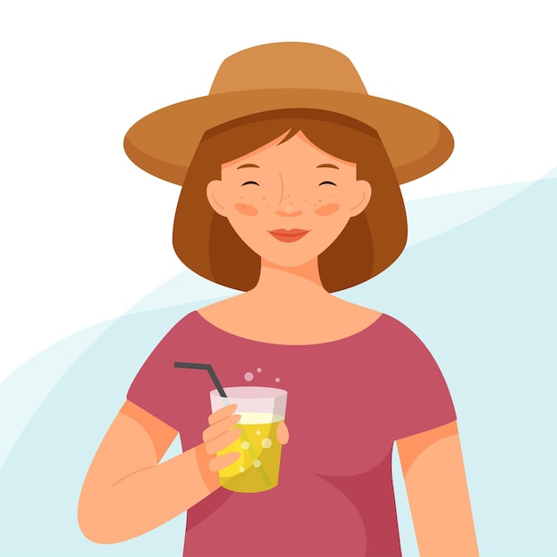 Vector chica con pecas en un sombrero de paja se para con un vaso de limonada hora de verano